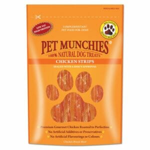 A 90g pouch of PET MUNCHIES Chicken Strips Dog Treats