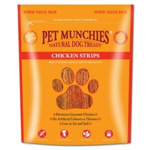 A 320g pouch of PET MUNCHIES Chicken Strips Super Value Pack Dog Treats