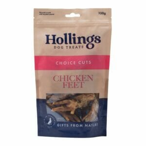 A 100g pouch of Hollings Chicken Feet Dog Treat 100g