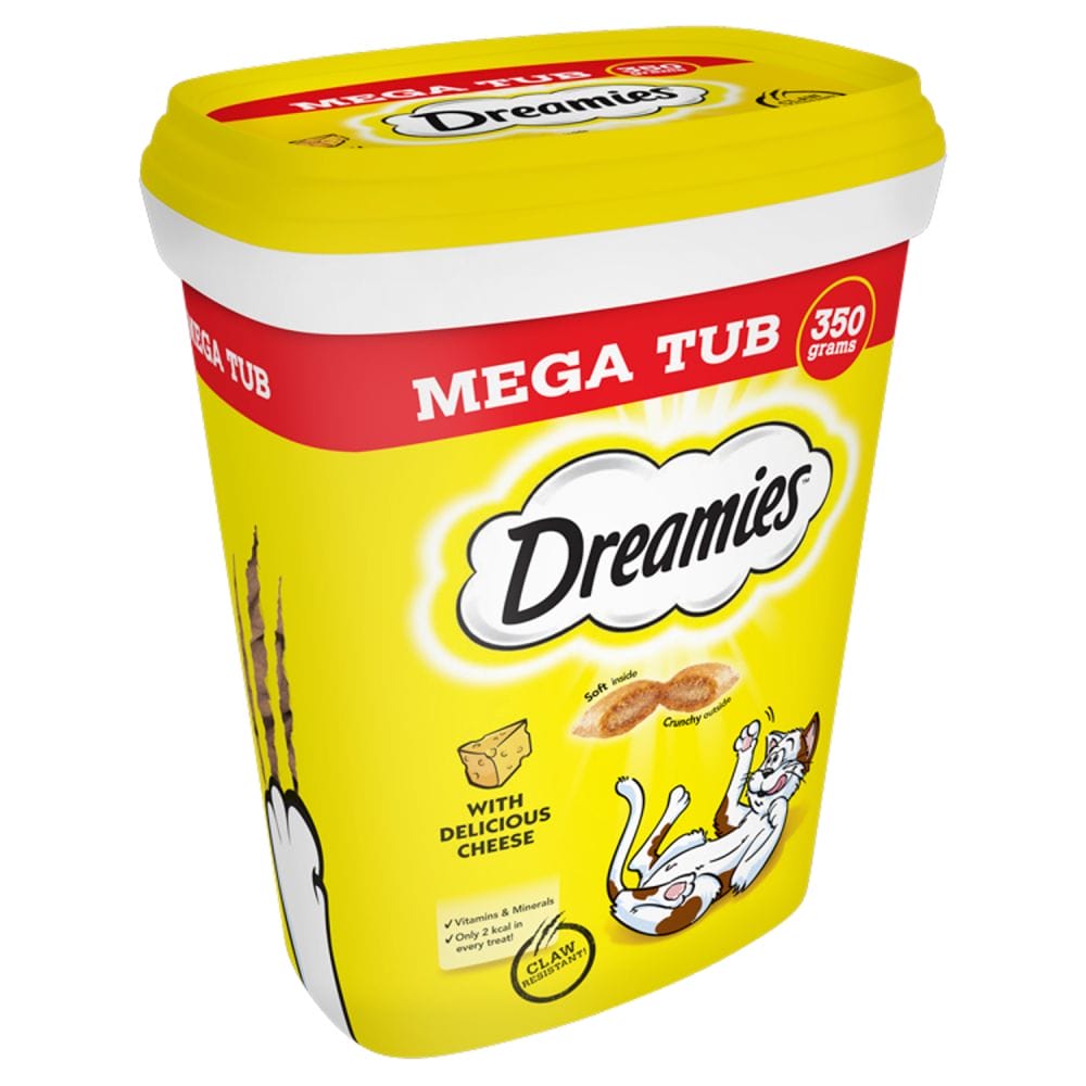 A 350g tub of DREAMIES Mega Pack Cheese Adult Cat Treat