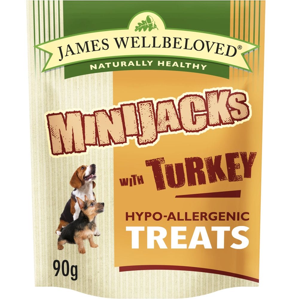 A 90g pouch of JAMES WELLBELOVED Turkey Minijacks Dog Treats