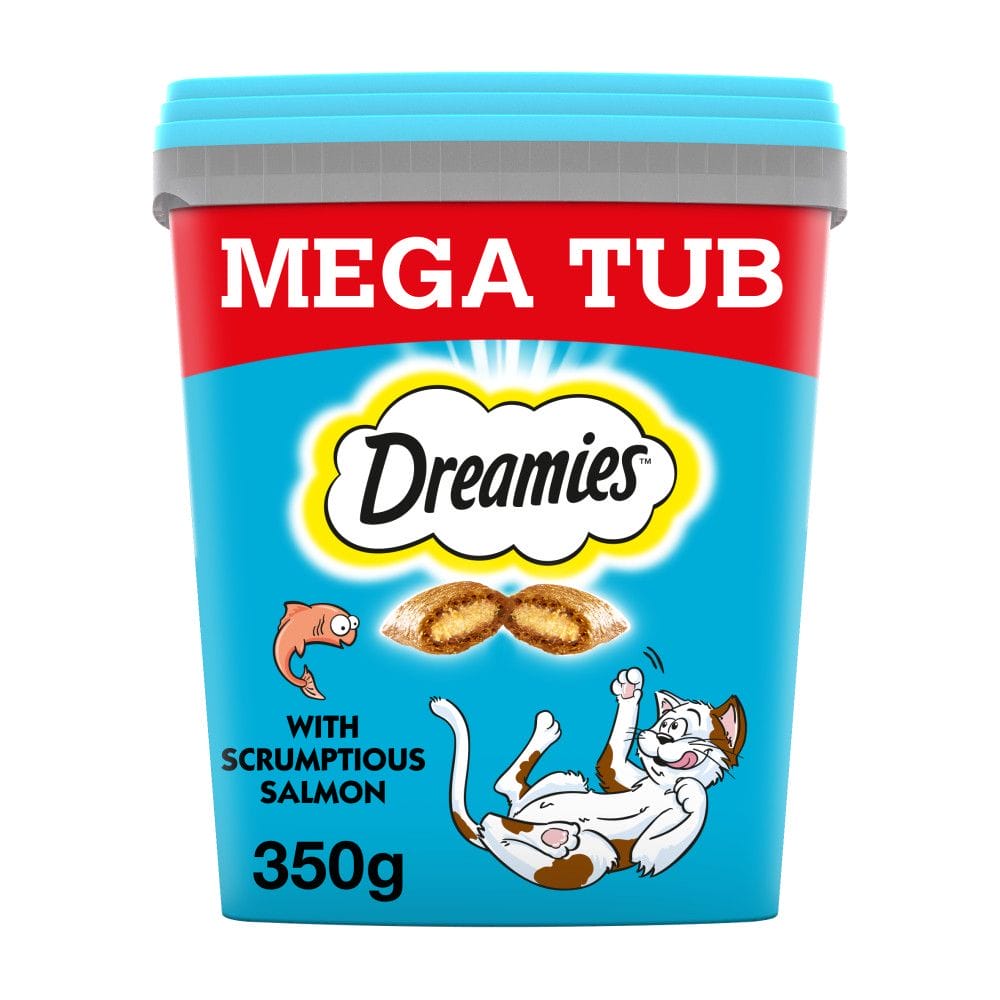 A 350g tub of DREAMIES Mega Tub Adult 1+ Cat Treats with Salmon