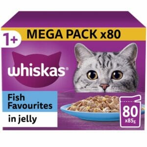 WHISKAS 1+ Fish Favourites Adult Wet Cat Food Pouches in Jelly 80PK 85g