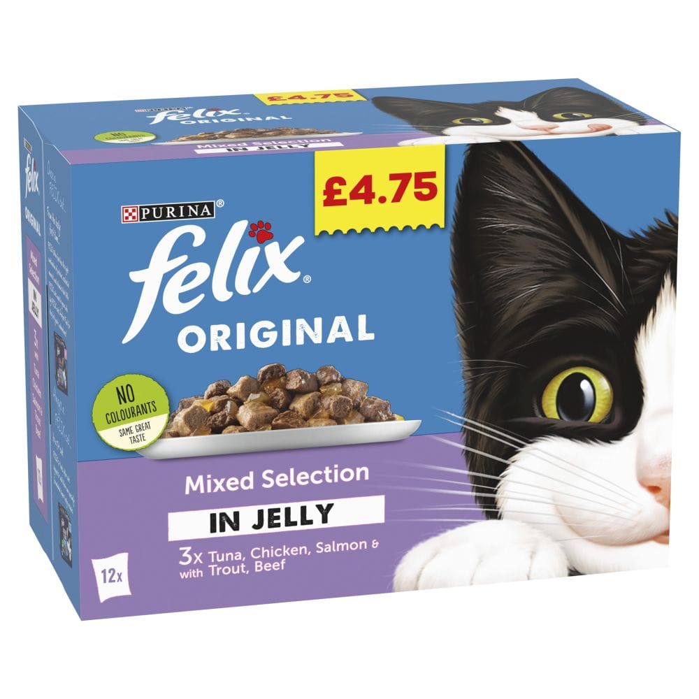 A box of FELIX ORIGINAL Mixed Selection Wet Cat Food 12pk pm £4.75