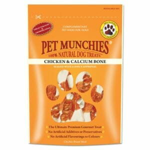A 100g pouch of PET MUNCHIES Chicken & Calcium Bone Dog Treats