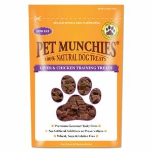 A 50g pouch of PET MUNCHIES 100% Natural Liver & Chicken Training Dog Treat