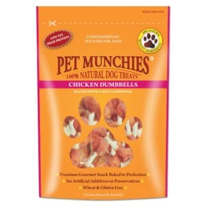 An 80g pouch of PET MUNCHIES 100% Natural Real Chicken & Rawhide Dumbbells Dog Treats