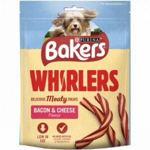 A 130g pouch of BAKERS Whirlers Bacon & Cheese Dog Treats