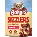 A 90g pouch of BAKERS Sizzlers Bacon Dog Treats