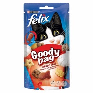 A 60g pouch of FELIX Goody Bag Mixed Grill Flavoured with Beef, Chicken and Salmon Adult Cat Treats