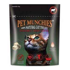 A 10g pouch of PET MUNCHIES Gourmet Beef Liver Dried Cat Treats