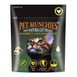 A 10g pouch of PET MUNCHIES Gourmet Chicken Liver Dried Cat Treats