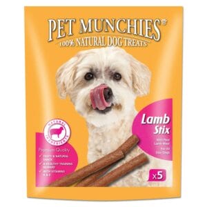 A 50g pouch of PET MUNCHIES 100% Natural Real Lamb Stix Dog Treats