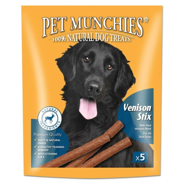 A 50g pouch of PET MUNCHIES 100% Natural Real Venison Stix (5) Dog Treats