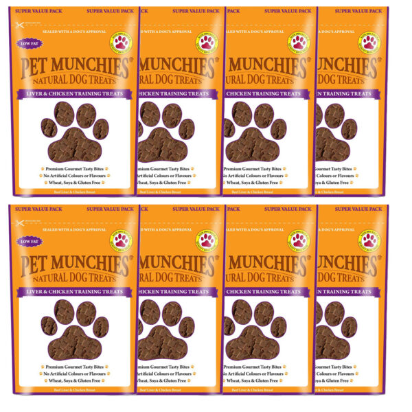 8 Pouches of PET MUNCHIES Natural Liver & Chicken Dog Training Treats 150g