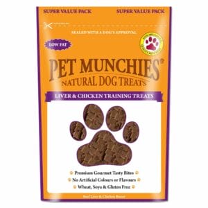 A 150g pouch of PET MUNCHIES Natural Liver & Chicken Dog Training Treats