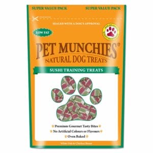 A 150g pouch of PET MUNCHIES 100% Natural Sushi Dog Training Treats