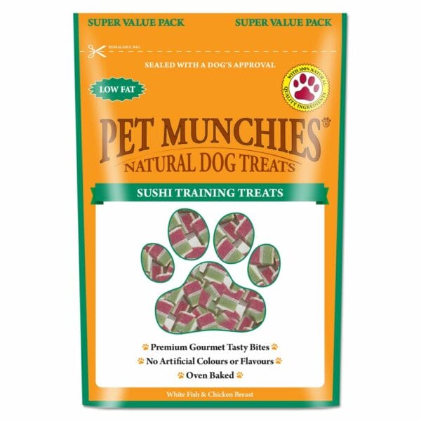 A 150g pouch of PET MUNCHIES 100% Natural Sushi Dog Training Treats