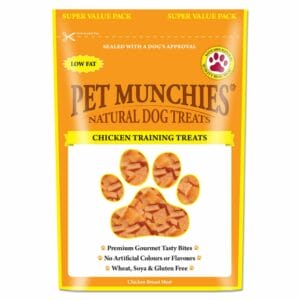 A 150g pouch of PET MUNCHIES 100% Natural Chicken Dog Training Treats
