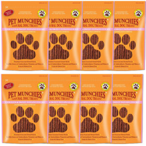 8 pouches of PET MUNCHIES 100% Natural Chicken & Sweet Potato Sticks Dog Treats 90g