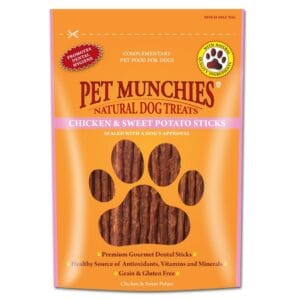 A 90g pouch of PET MUNCHIES 100% Natural Chicken & Sweet Potato Sticks Dog Treats