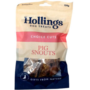 A 120g pouch of HOLLINGS Pig Snouts Dog Treats