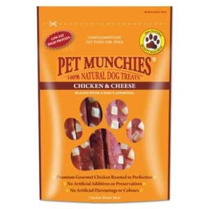 A 100g pouch of PET MUNCHIES Chicken & Cheese Dog Treats
