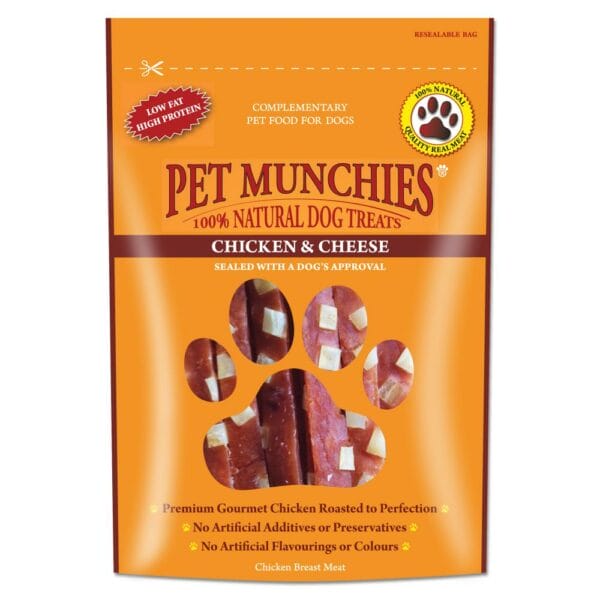 A 100g pouch of PET MUNCHIES Chicken & Cheese Dog Treats