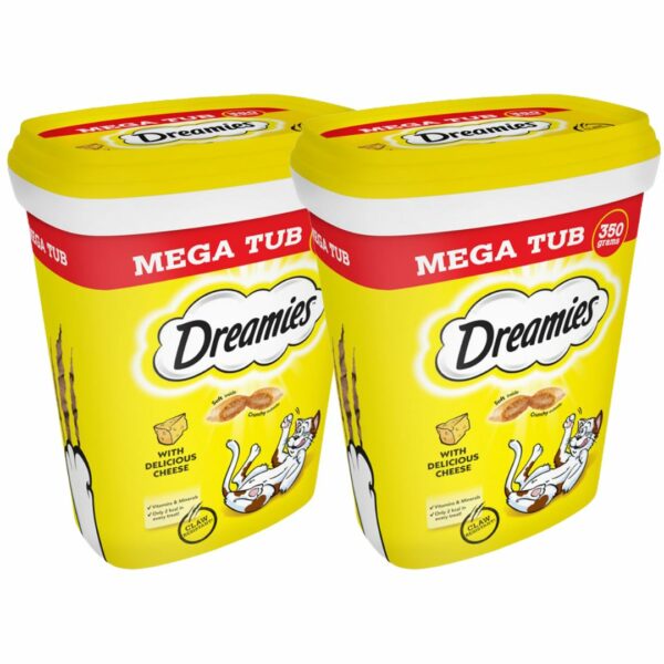 2 tubs of DREAMIES Mega Pack Cheese Adult Cat Treats 350g