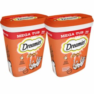 2 Tubs of DREAMIES Mega Pack Chicken Adult Cat Treats 350g