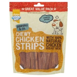 A 350g bag of GOOD BOY Chewy Chicken Strips Dog Treats