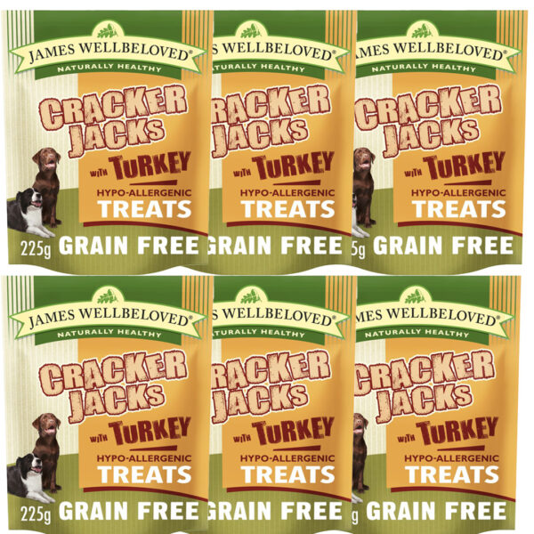 6 pouches of JAMES WELLBELOVED Grain Free Crackerjacks Turkey Dog Treats 225g