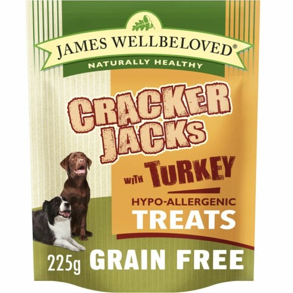 A 225g pouch of JAMES WELLBELOVED Grain Free Crackerjacks Turkey Dog Treats