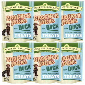 6 pouches of JAMES WELLBELOVED Crackerjacks Duck & Rice Dog Treats 225g