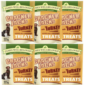 6 pouches of JAMES WELLBELOVED Crackerjacks Turkey & Rice Hypoallergenic Dog Treats 225g