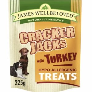 A 225g pouch of JAMES WELLBELOVED Crackerjacks Turkey & Rice Hypoallergenic Dog Treats