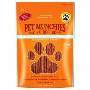 A 90g pouch of PET MUNCHIES Wild Salmon & Sweet Potato Sticks Dog Treats