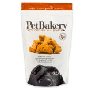 A 190g pouch of PET BAKERY Tasty Chicken Mini Bones Dog Treats