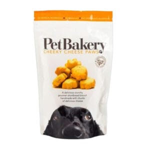 A 190g Pouch of PET BAKERY Cheeky Cheese Paws Dog Treats