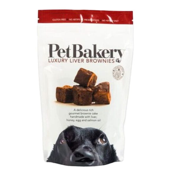 A 190g pouch of PET BAKERY Luxury Liver Brownies Dog Treats