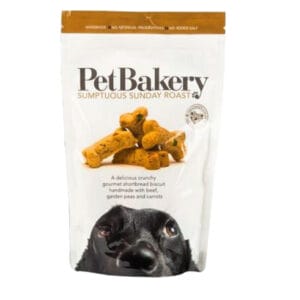 A 190g pouch of PET BAKERY Sumptuous Sunday Roast Dog Treats