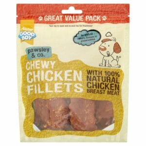 A 320g pouch of GOOD BOY Chewy Chicken Fillets Dog Treats