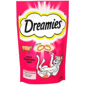 A 60g pouch of DREAMIES Beef Flavoured Cat Treats