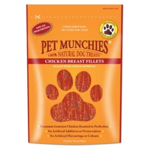 A 100g pouch of PET MUNCHIES Chicken Breast Fillets Dog Treats