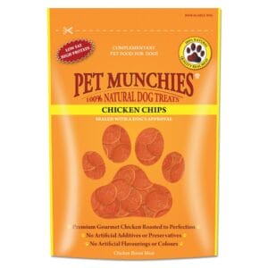 A 100g pouch of PET MUNCHIES 100% Natural Chicken Chips Dog Treats