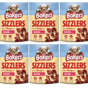 6 pouches of BAKERS Sizzlers Bacon Dog Treats 90g