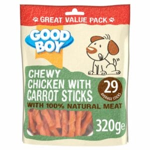 A 320g pouch of GOOD BOY Chewy Twists with Chicken Dog Treats