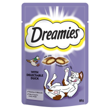 A 60g pouch of DREAMIES Duck Flavoured Cat Treats