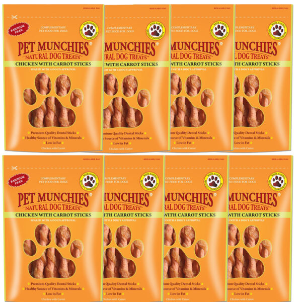 8 pouches of PET MUNCHIES Chicken with Carrot Sticks Dog Treats 80g