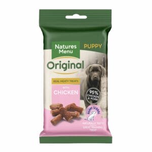 A 60g pack of NATURES MENU Puppy Original Meaty with Chicken Dog Treats
